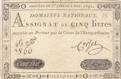Francia 5 Pounds - 01-11-1791 - Sign. Corsel - Serial 46F