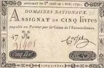 Francia 5 Pounds - 01-11-1791 - Sign. Corsel - Serial 47H
