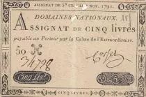 Francia 5 Pounds - 01-11-1791 - Sign. Corsel - Serial 50H