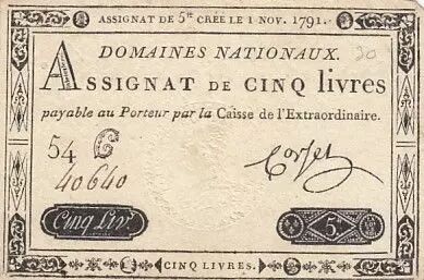 Francia 5 Pounds - 01-11-1791 - Sign. Corsel - Serial 54G