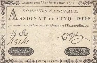 Francia 5 Pounds - 01-11-1791 - Sign. Corsel - Serial 73A