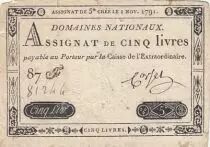 Francia 5 Pounds - 01-11-1791 - Sign. Corsel - Serial 87F