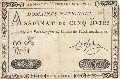 Francia 5 Pounds - 01-11-1791 - Sign. Corsel - Serial 90K