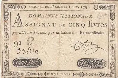 Francia 5 Pounds - 01-11-1791 - Sign. Corsel - Serial 91G