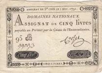 Francia 5 Pounds - 01-11-1791 - Sign. Corsel - Serial 95B