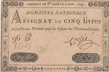 Francia 5 Pounds - 01-11-1791 - Sign. Corsel - Serial 96G