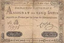 Francia 5 Pounds - 06-05-1791 - Sign. Corsel - Serial 16B