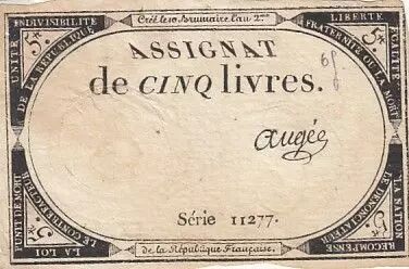 Francia 5 Pounds - 10 Brumaire Year II (31.10.1793) - Sign. Aug�e - Serial 11277
