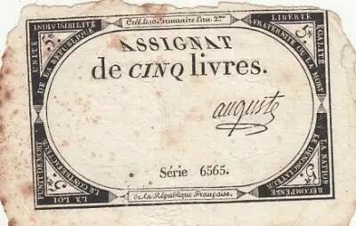 Francia 5 Pounds - 10 Brumaire Year II (31.10.1793) - Sign. Auguste - Serial 6565
