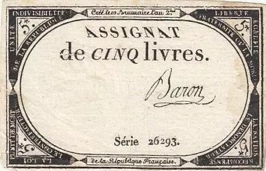 Francia 5 Pounds - 10 Brumaire Year II (31.10.1793) - Sign. Baron - Serial 26293