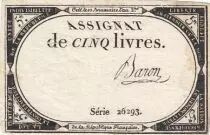 Francia 5 Pounds - 10 Brumaire Year II (31.10.1793) - Sign. Baron - Serial 26293
