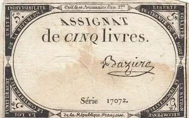 Francia 5 Pounds - 10 Brumaire Year II (31.10.1793) - Sign. Baziure - Serial 17072
