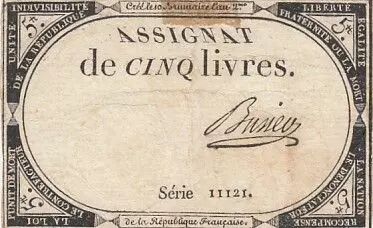 Francia 5 Pounds - 10 Brumaire Year II (31.10.1793) - Sign. Busier - Serial 11121