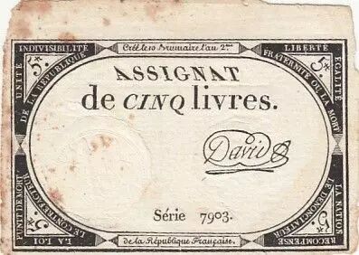 Francia 5 Pounds - 10 Brumaire Year II (31.10.1793) - Sign. David - Serial 7903