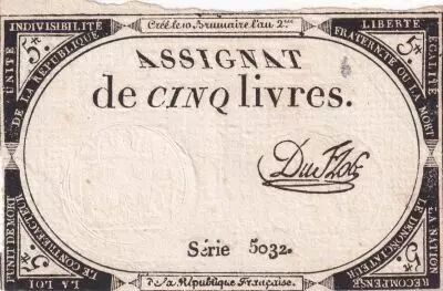 Francia 5 Pounds - 10 Brumaire Year II (31.10.1793) - Sign. Du Flog - Serial 5032