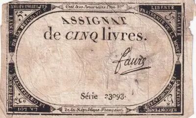 Francia 5 Pounds - 10 Brumaire Year II (31.10.1793) - Sign. Emon - Serial 11789