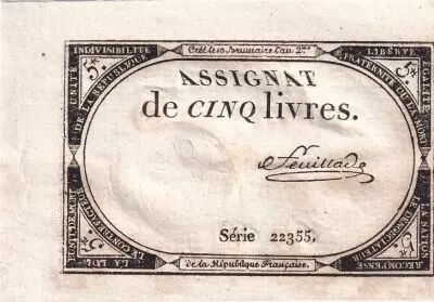 Francia 5 Pounds - 10 Brumaire Year II (31.10.1793) - Sign. Feuillade - Serial 22355