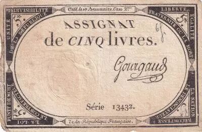 Francia 5 Pounds - 10 Brumaire Year II (31.10.1793) - Sign. Gourgaud - Serial 13432