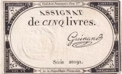 Francia 5 Pounds - 10 Brumaire Year II (31.10.1793) - Sign. Guinand - Serial 20191