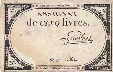 Francia 5 Pounds - 10 Brumaire Year II (31.10.1793) - Sign. Lambert - Serial 12664