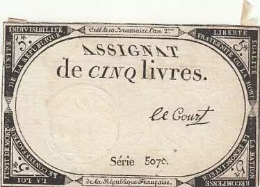 Francia 5 Pounds - 10 Brumaire Year II (31.10.1793) - Sign. Le Court - Serial 5070