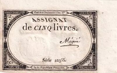 Francia 5 Pounds - 10 Brumaire Year II (31.10.1793) - Sign. M�gni� - Serial 22355