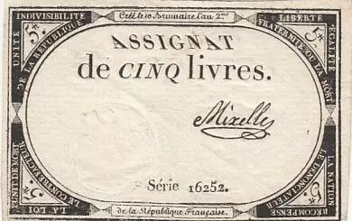 Francia 5 Pounds - 10 Brumaire Year II (31.10.1793) - Sign. Michaux - Serial 19984