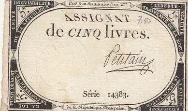 Francia 5 Pounds - 10 Brumaire Year II (31.10.1793) - Sign. Petitain - Serial 14383