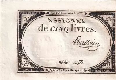 Francia 5 Pounds - 10 Brumaire Year II (31.10.1793) - Sign. Poullain - Serial 22355