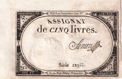 Francia 5 Pounds - 10 Brumaire Year II (31.10.1793) - Sign. Semen - Serial 22355
