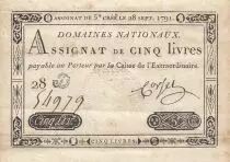 Francia 5 Pounds - 28-09-1791 - Sign. Corsel - Serial 28D