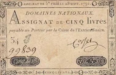 Francia 5 Pounds - 28-09-1791 - Sign. Corsel - Serial 34J