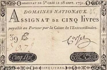 Francia 5 Pounds - 28-09-1791 - Sign. Corsel - Serial 39E