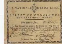 Francia 5 Sous - Billet de confiance - 1791 - Fabriques d\'Albi - French Revolution - n�1103