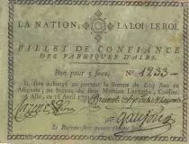 Francia 5 Sous - Billet de confiance - 1791 - Fabriques d\'Albi - French Revolution - n�1233