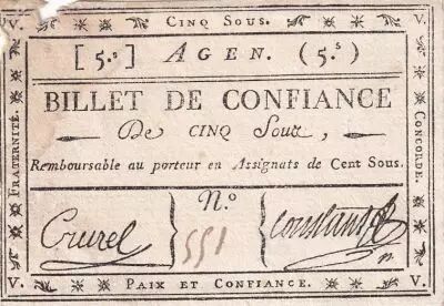 Francia 5 Sous - Billet de Confiance - Lot et Garonne - Agen - 1792