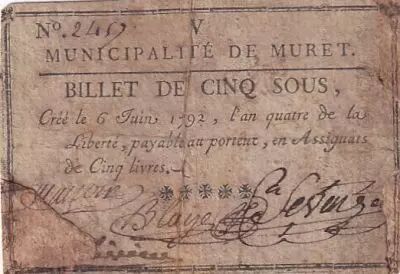 Francia 5 Sous - Haute-Garonne - Municipalit� de Muret - 06-06-1792