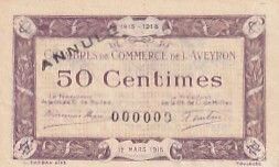 Francia 50 centimes - Aveyron Chamber of Commerce - 1915 - Cancelled