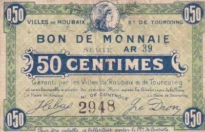 Francia 50 Centimes - Ville - Roubaix-Tourcoing - S�rie AR39