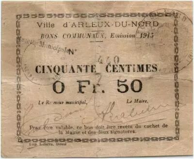 Francia 50 Centimes Arleux City - 1915