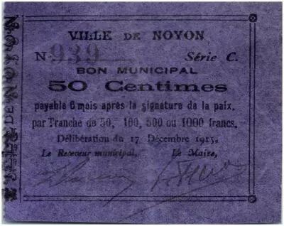 Francia 50 Centimes Noyon City - 1915