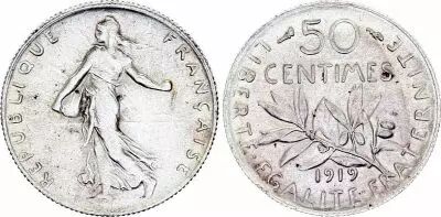 Francia 50 C�ntimos Semeuse - 1919 - Plata