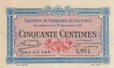 Francia 50 Cents - Chamber of Commerce - Grenoble - 14-09-1916 - Serial AU.146