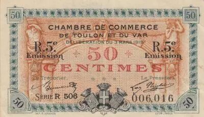 Francia 50 Cents - Chamber of Commerce - Toulon - 5Th Edition - 03-03-1919 - Serial R.506