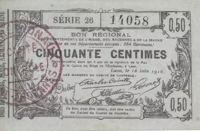Francia 50 Cents - Laon - Regional Coupon - 16-06-1916 - Serial 26