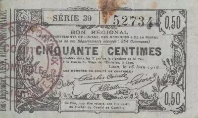 Francia 50 Cents - Laon - Regional Coupon - 16-06-1916 - Serial 39
