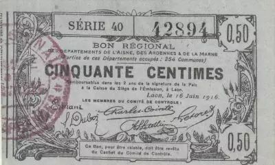 Francia 50 Cents - Laon - Regional Coupon - 16-06-1916 - Serial 40