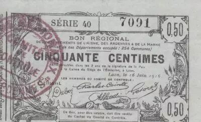 Francia 50 Cents - Laon - Regional Coupon - 16-06-1916 - Serial 40