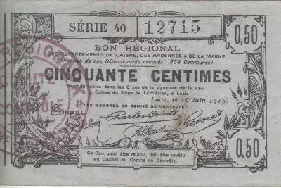 Francia 50 Cents - Laon - Regional Coupon - 16-06-1916 - Serial 40