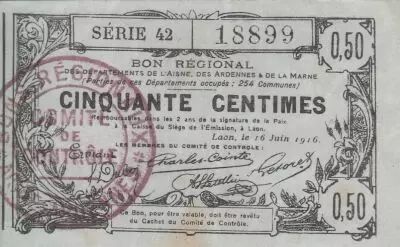 Francia 50 Cents - Laon - Regional Coupon - 16-06-1916 - Serial 42